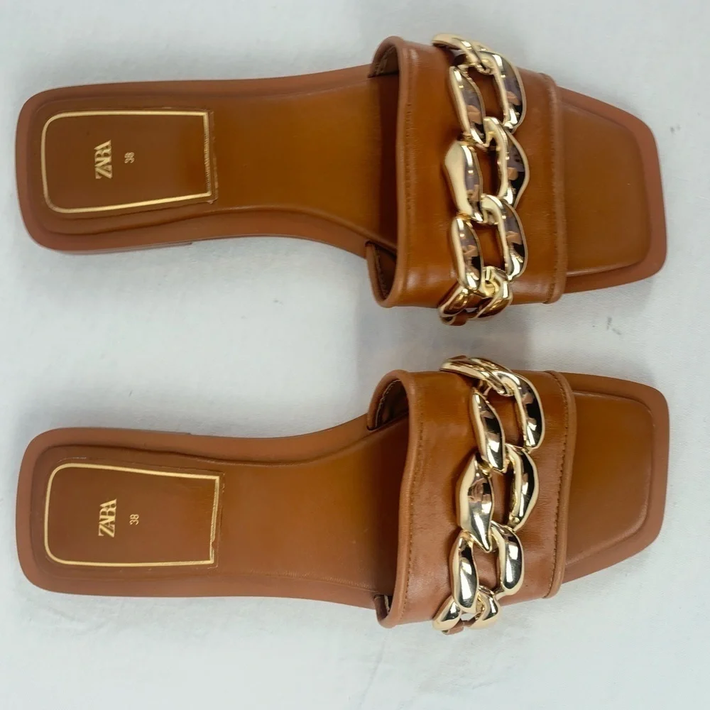 Zara Square Toe Vegan Leather Gold Chain Slides in Brown Size 7.5 or 38‎
